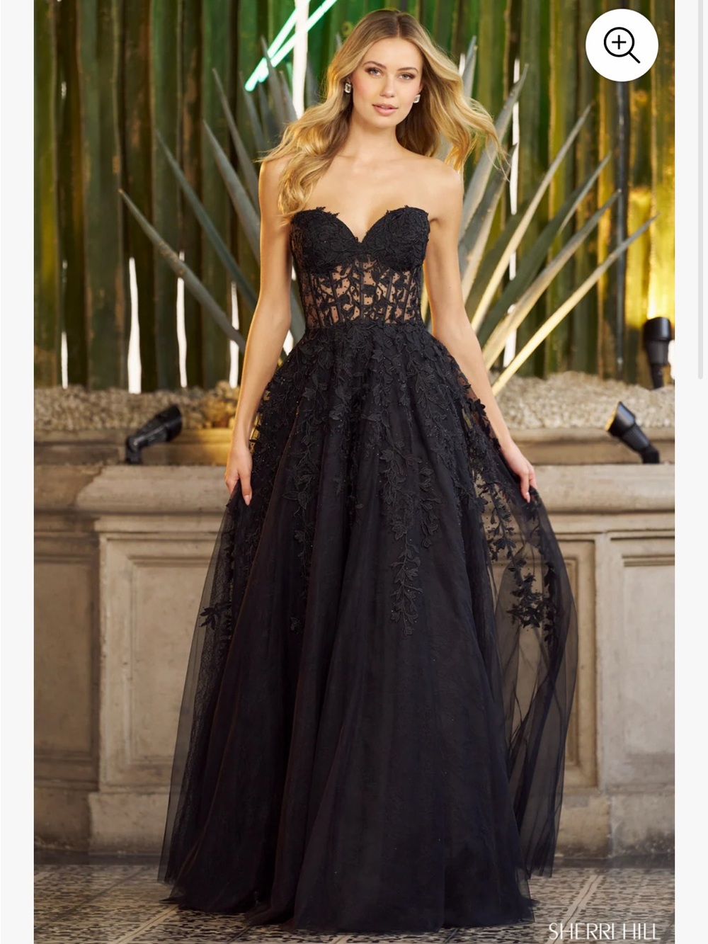Sherri Hill Black Strapless Lace Appliqué Ball Gown